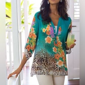 SOFT SURROUNDINGS Tunic Top Teal Tropical Sheer Leopard Blouse